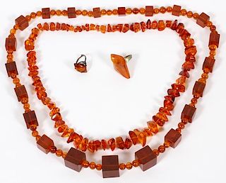 AMBER BEAD NECKLACES & RINGS FOUR PIECES