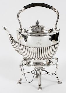 ENGLISH ELECTROPLATE SILVER TEA KETTLE ON STAND