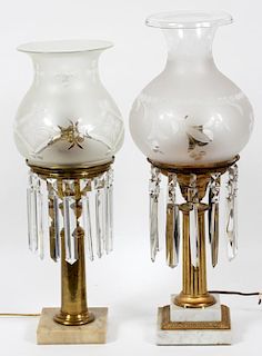 MARBLE GLASS & SPELTER CONVERTED OIL LAMPS TWO