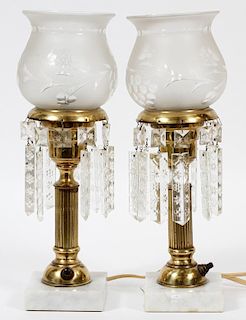 BRONZE WHITE MARBLE & FROSTED GLASS LAMPS PAIR