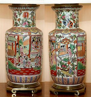CHINESE ROSE MEDALLION VASES, PAIR MOUNTED AS LAMPS
