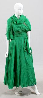 GREEN CHIFFON FORMAL DRESS W/ SHAWL C. 1930-40