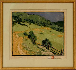 GUSTAVE BAUMANN (AMERICAN, 1881-1971), COLOR WOODBLOCK PRINT ON PAPER, 9 1/4" X 11", 'PECOS ROAD'