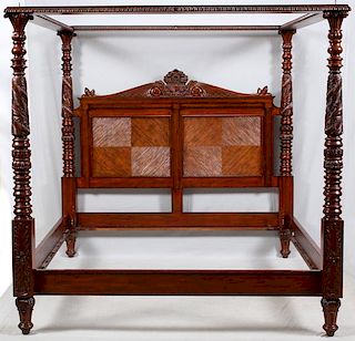 CARVED MAHOGANY FOUR POSTER CANOPY BED