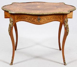 FRENCH PARLOR TABLE W/ INLAYS AND BRONZE MOUNTS