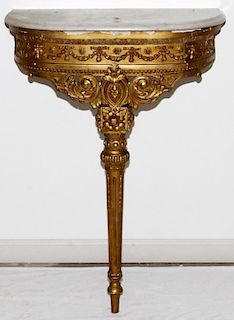 FRENCH EMPIRE GILT CONSOLE TABLE & WHITE MARBLE TOP