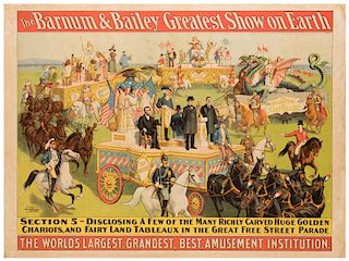 Barnum and Bailey Greatest Show on Earth. Parade Section 5. A Few of the Many Richly Carved Huge Golden Chariots, and Fairy Land Tableux.