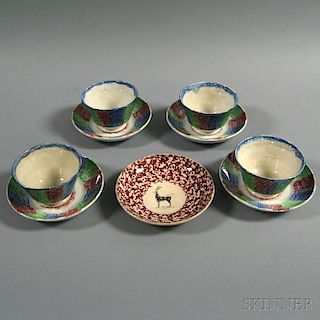 Nine Spatterware Cups and Saucers