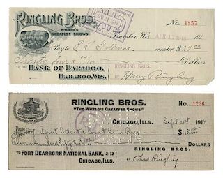 Trio of Checks Signed by the Ringling Brothers Charles, Albert, and Henry. 1913 Ð 14. Three lithographic checks of two different designs and banks, s