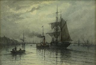 TIMMERMANS, Louis E. Watercolor. European Harbor