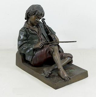 THAREL, Leon. Patinated Bronze. Idle Fiddler.