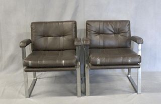 Pair of Milo Baughman Style Chrome Upholstered