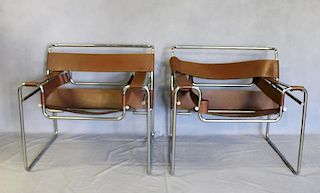 Midcentury Pair of Brown Leather Wassily Chairs.