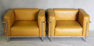 Pair of Tan Leather Corbusier Style LC2 Chairs.