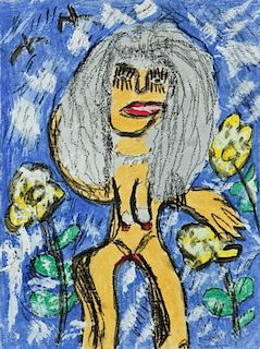Joseph Hardin (1921-1989) Nude with Flowers, mixed media