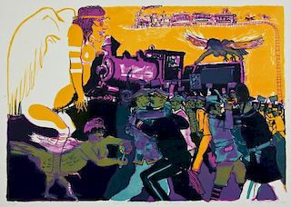 Warrington Colescott (b. 1921) "Famous American Riot II: Railroad", 1969