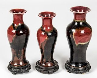 3 Chinese Flambe Glaze Baluster Vases
