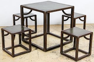 Chinese Stone Top Cube Table and 4 Stools