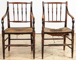 Pair Antique English Rush Spindle Back Armchairs