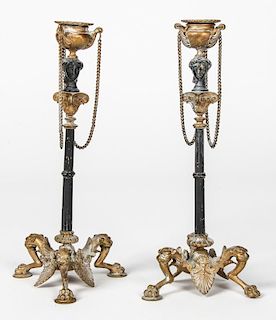 Pair 19th C French Empire Bronze Candlesticks