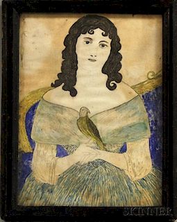 Framed Watercolor Portrait of a Girl with a Bird