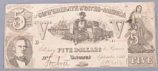 1861 Confederate $5 Bill, Richmond, VA