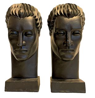 Pair Art Deco Painted Modern Man Male Bust Sculptures 