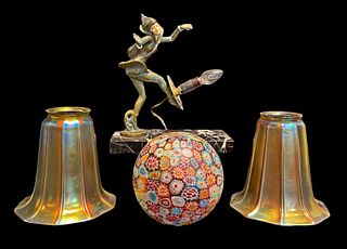  Art Deco TIFFANY Style Aurene Iridescent Art Glass Shades & CHIPPARUS Millefiori Lamp