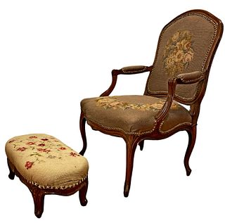 1920's French Needlepoint Arm Chair w Foot Stool 