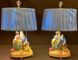 Pair Capodimonte Style Boudoir Lamps 