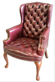 Diminutive Queen Anne Style Tufted Leather Wing Chair