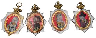 Set of Four Victorian Reverse Painted Glass Pendants