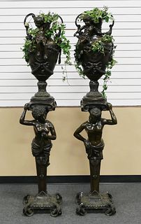 Monumental Bronze Figural Pedestal & Urn Pair