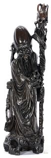 Large Chinese Carved Longevity Figure, Silver Inlay