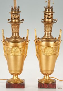 Pair of Neo Grec Gilt Bronze Classical Portrait Urn Lamps