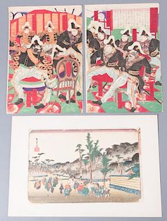 Hiroshige & Chikanobu Woodblock Prints, Three (3)