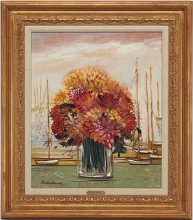 Michel Henry O/C Floral Still Life Painting w/ Sailboats