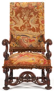 Continental Baroque Style Mahogany Armchair, Needlework