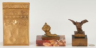 Tiffany Bronze Notepad Holder plus 2 Bronze Figural Desk Items, 3 items