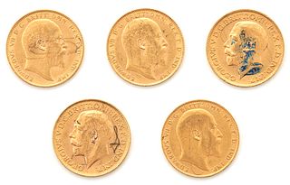 5 English Gold Sovereigns, 1902-1912