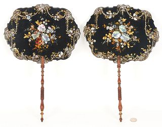 Pair of Chinese Black Lacquer Fans w/ Mother of Pearl Inlay