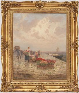 H.M. Gabriel O/C Painting, Flowersellers by a Dock