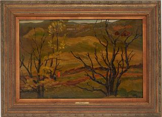 Morley Hicks O/B Painting, Figures in a Landscape with Trees