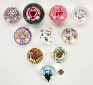 10 Art Glass Paperweights incl. Banford, Lundberg, Orient & Flume, Joe St. Clair