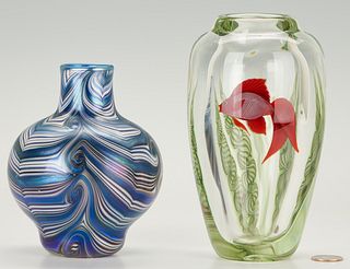 2 Orient & Flume Art Glass Vases: Underwater Scene, Pulled Feather