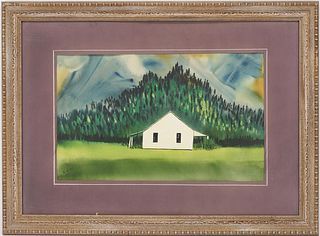 Al Allen W/C Cabin Scene Painting, Arkansas or Missouri