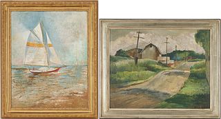 2 American School Oil Landscape Paintings, incl. Signed Meredith