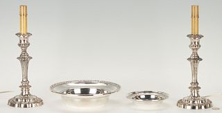2 Reed & Barton Sterling Silver Bowls + 2 Silverplated Candlestick Lamps, 4 items