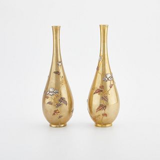 Pair Japanese Meiji Mixed Metal Vases
