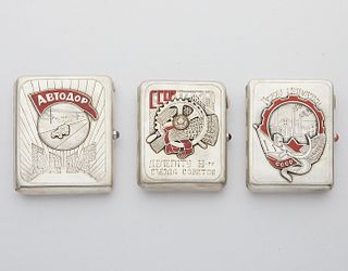 3 Russian Sterling Silver & Enamel Cigarette Cases
